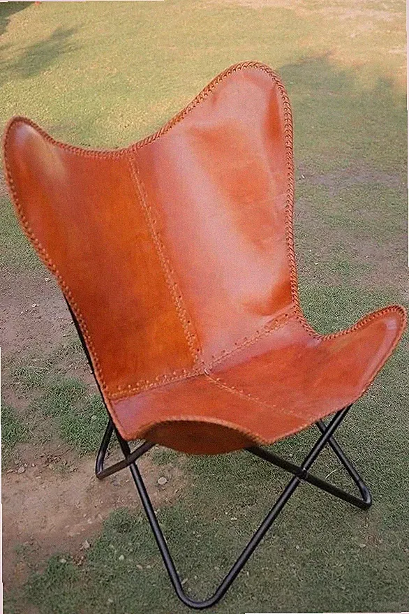 Brown Butterfly Chair-Leather Handcrafted Chairs With Iron Frame Vintage