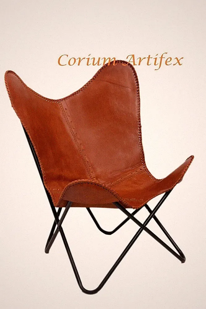 Leather Handcrafted Chairs- Brown Butterfly Chair-Handmade With Iron Frame