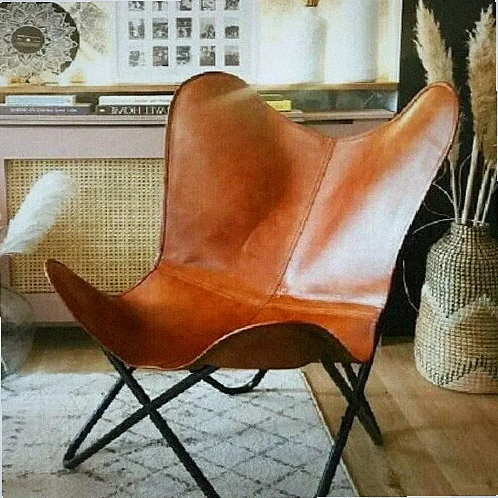 New Relaxing Leather Butterfly Chair with Folding Iron Frame Vintage